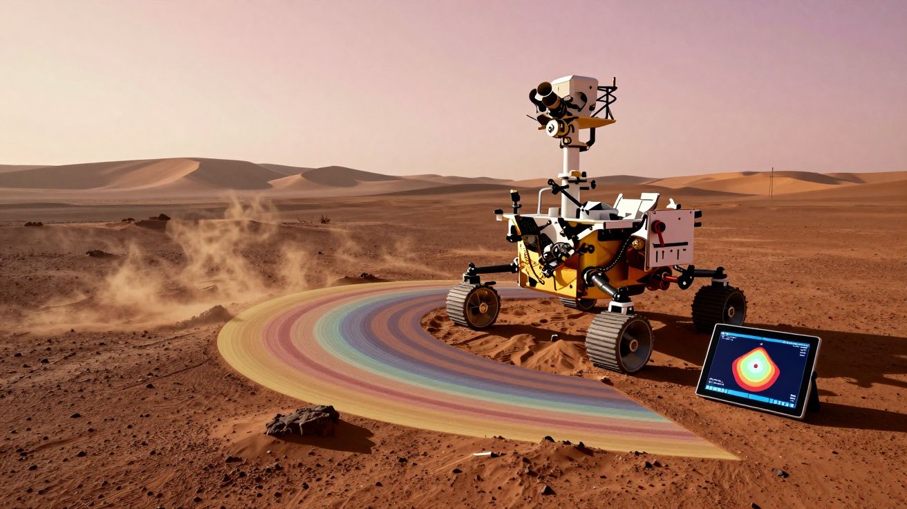 Rover explorando superfície marciana com rastros coloridos e tela mostrando dados científicos.