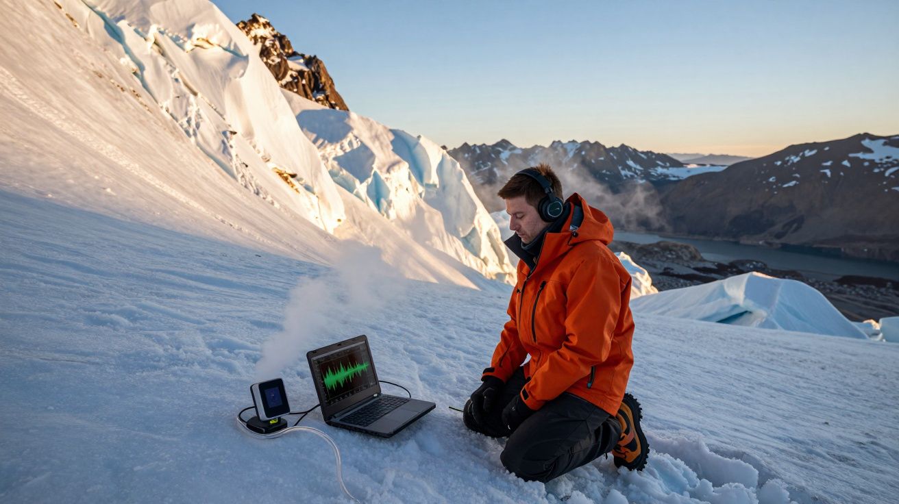 Homem com jaqueta laranja usa laptop e fones em geleira cercada por montanhas ao amanhecer.