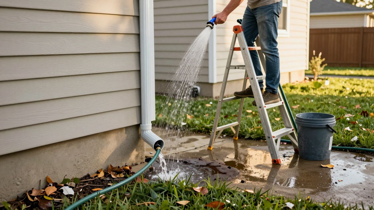 Pessoa em escada ajusta mangueira para escoar água da calha de uma casa em área gramada.