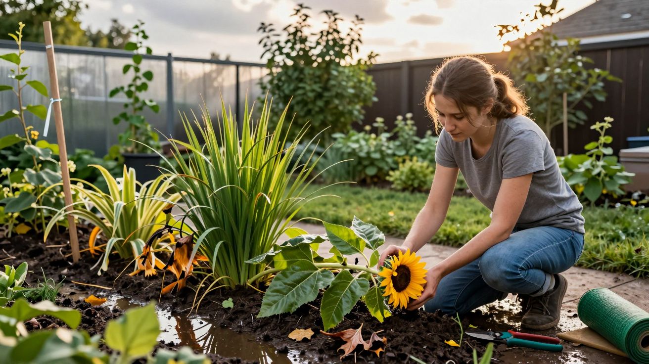 Mulher agachada cuidando de flor de girassol em jardim com plantas e ferramentas ao redor.