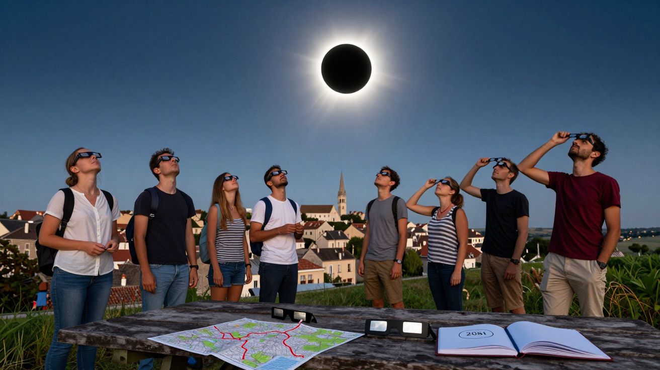 Grupo de pessoas usando óculos especiais observando um eclipse solar na cidade ao entardecer.