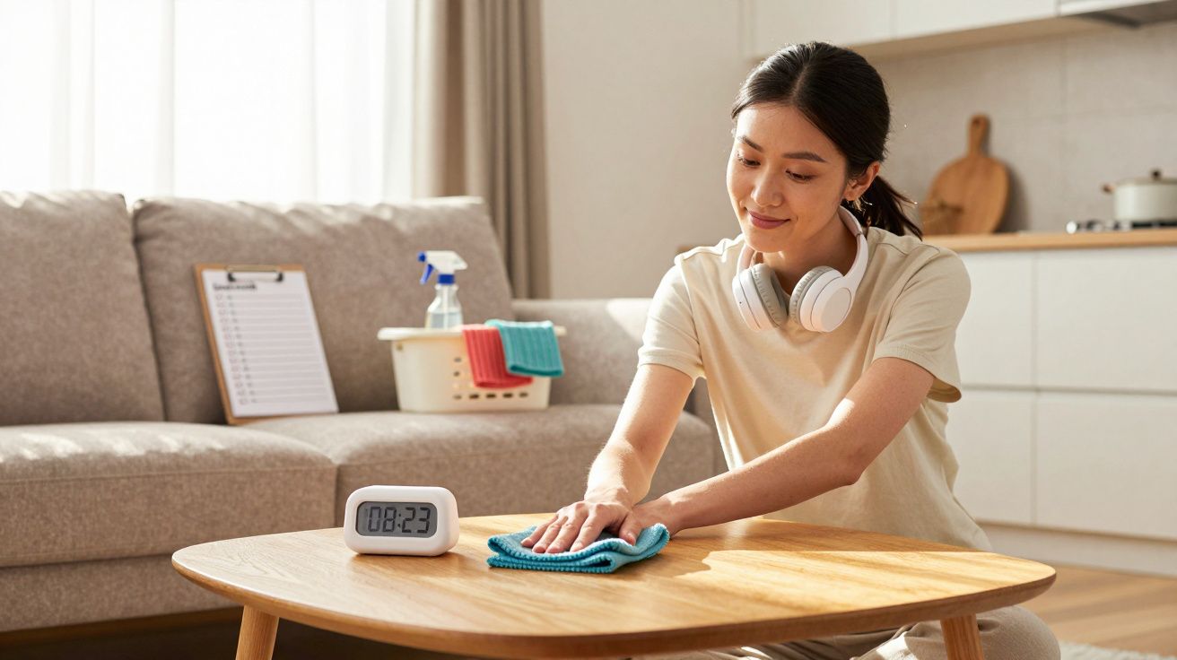 Mulher limpa mesa de madeira na sala com pano azul, fones no pescoço e relógio digital ao lado.