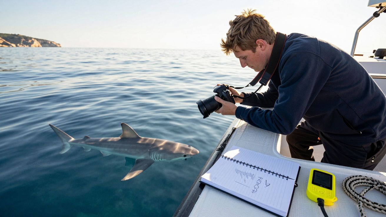Homem em barco fotografando tubarão nadando próximo à superfície do mar durante o dia.