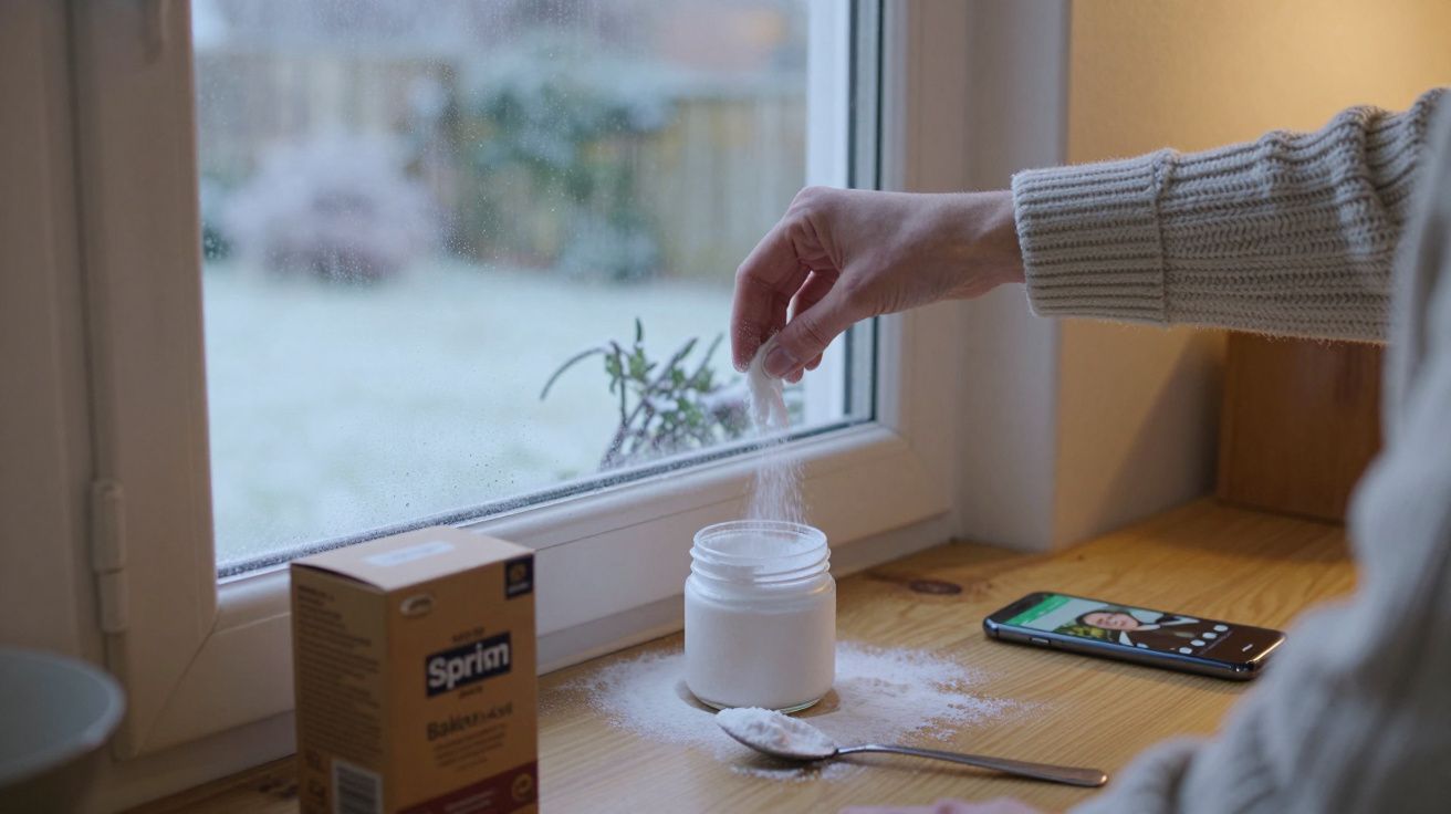 Mão feminina derramando pó branco de pote sobre mesa perto de caixa de medicamento e celular ao lado da janela.