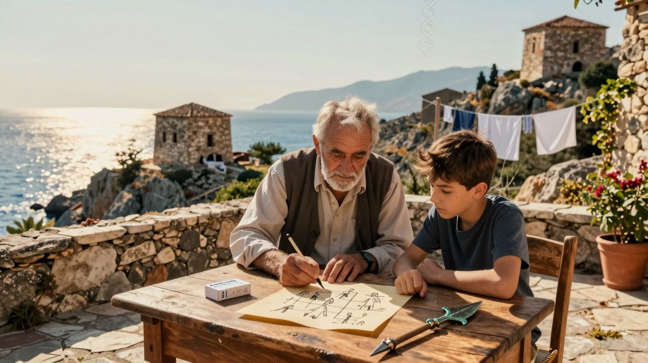 Idoso e menino desenham mapa em papel numa mesa de madeira ao ar livre, vista para o mar ao fundo.