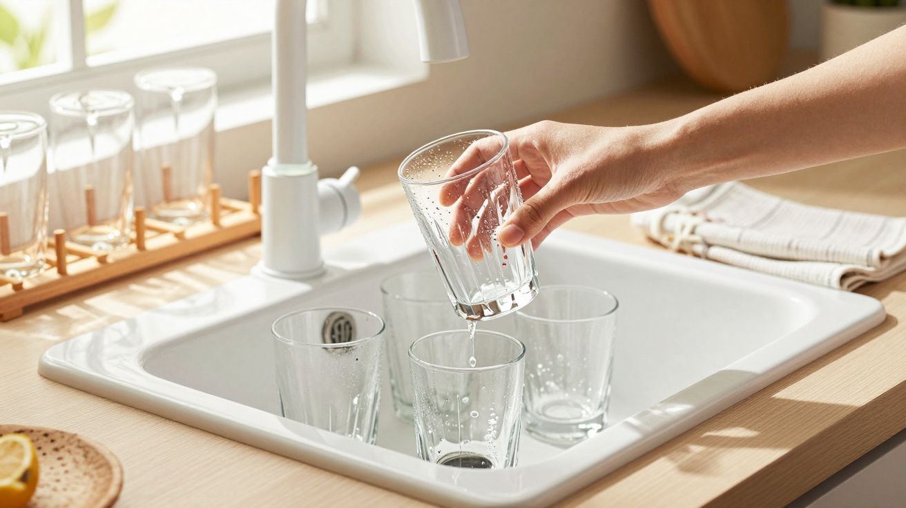 Mão segurando copo molhado sobre pia com outros copos transparentes em cozinha iluminada.