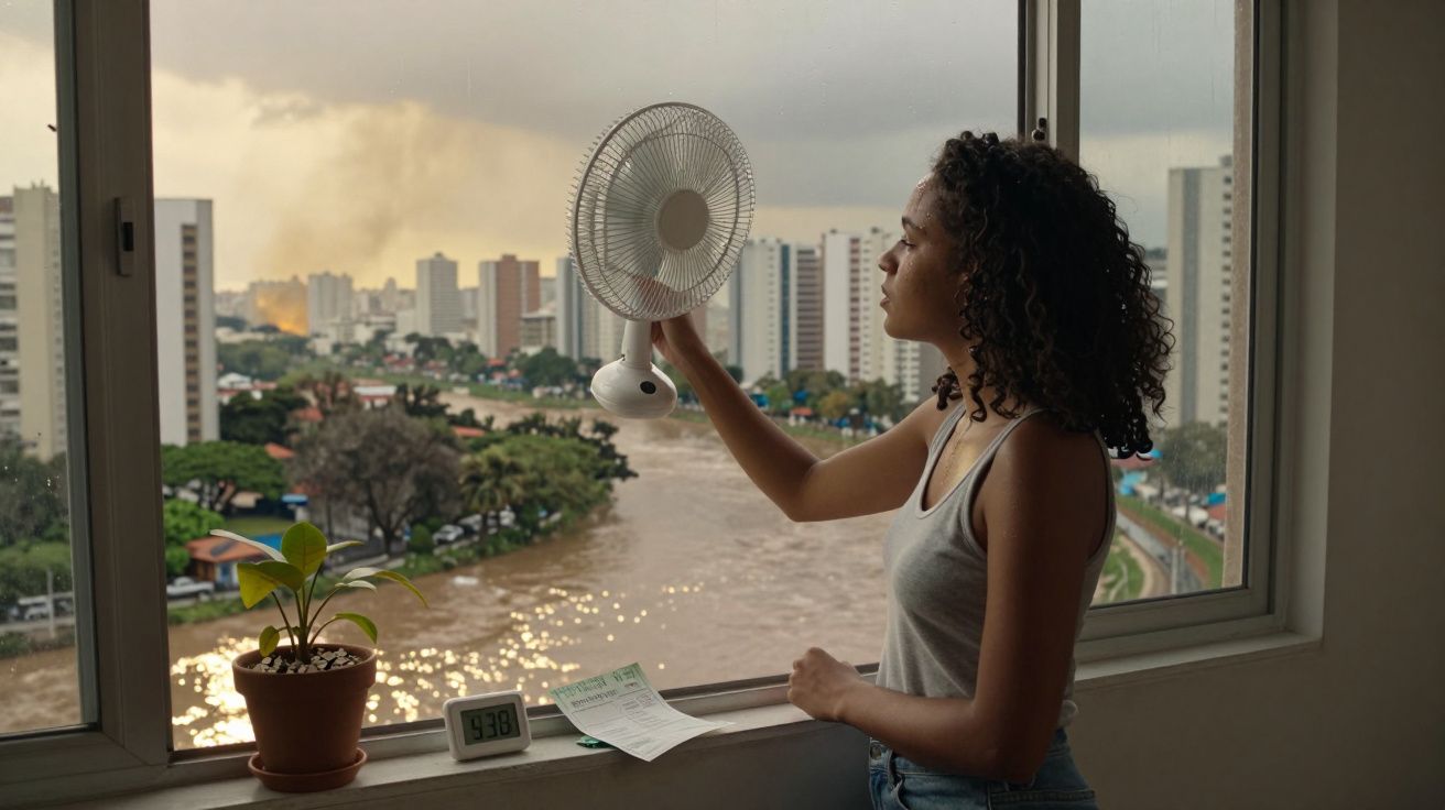 Mulher ajusta ventilador em janela aberta com vista para rio e prédios ao entardecer.