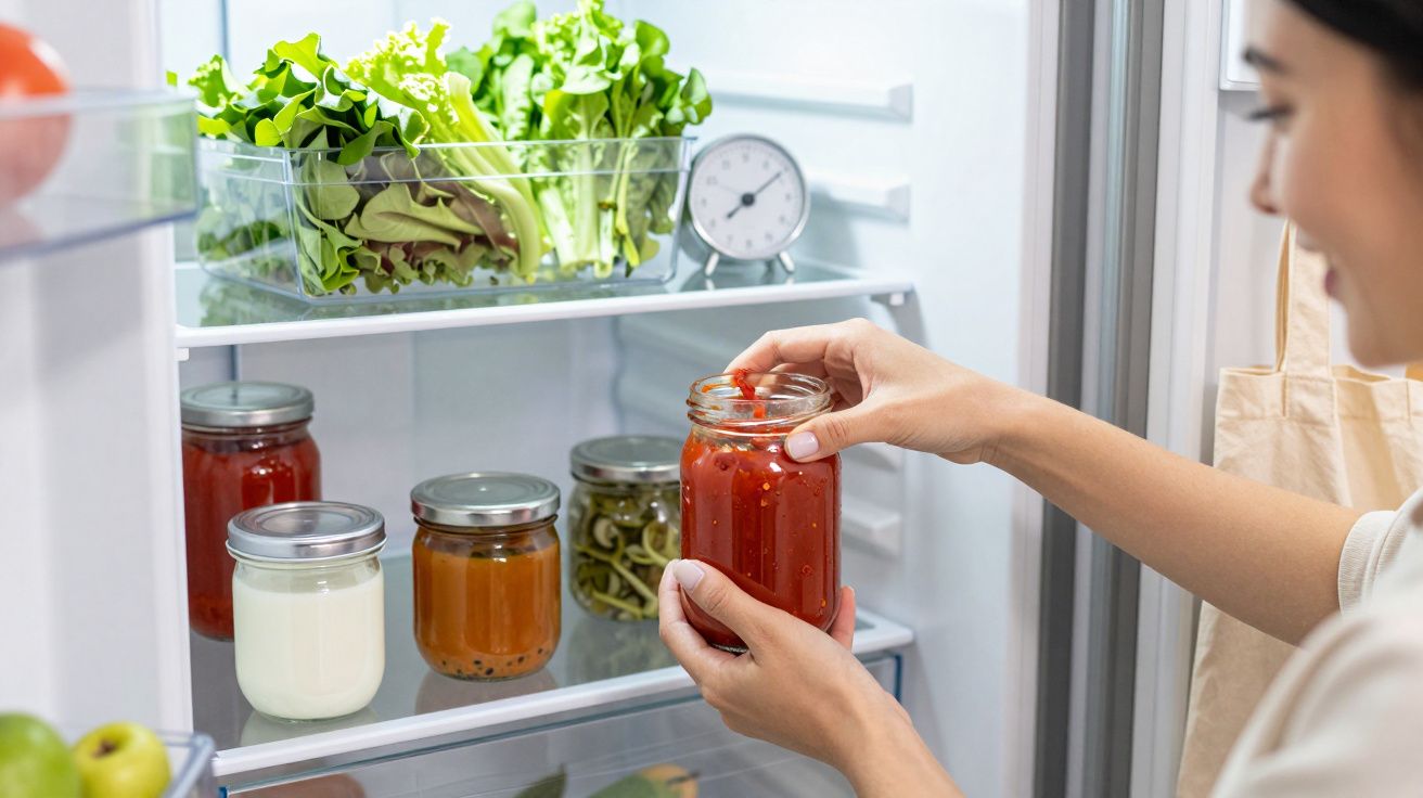 Pessoa segurando pote de molho vermelho dentro da geladeira com vegetais e conservas.