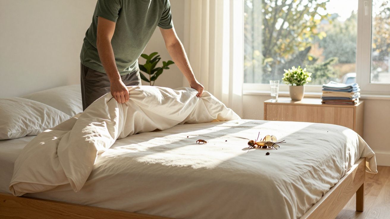 Pessoa tirando o lençol de cama para revelar insetos grandes sobre o colchão em quarto iluminado.