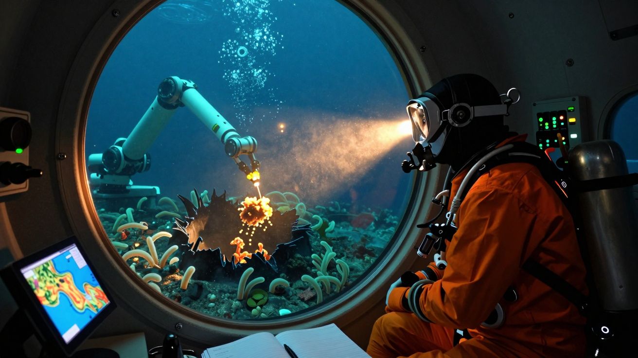 Pescador submarino em traje laranja observa braço robótico recolhendo criatura marinha na janela do submarino.