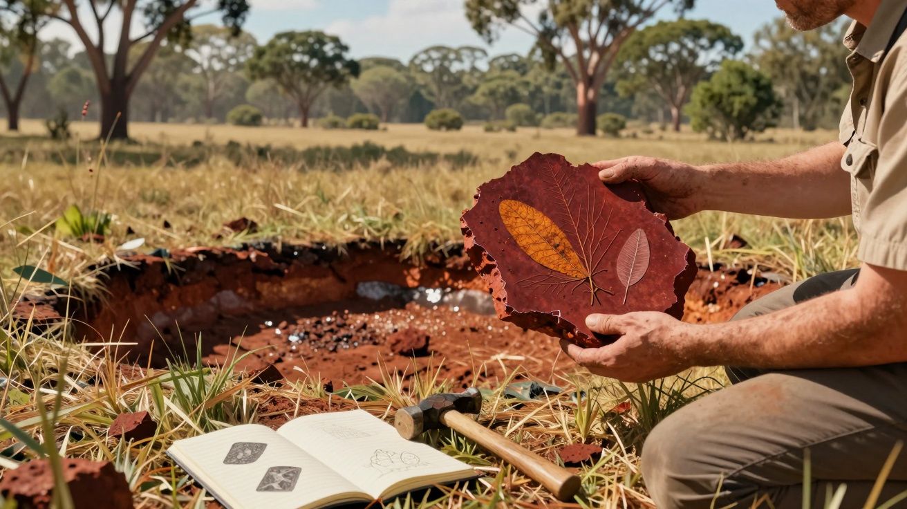 Pessoa segurando fóssil com folhas ao lado de buraco escavado em área gramada.