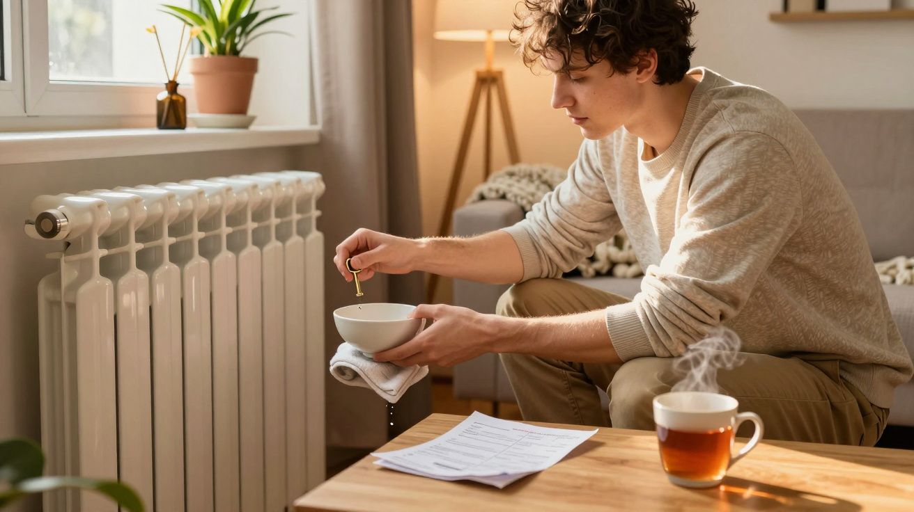 Jovem sentado em sofá perto do aquecedor, cuidando de tigela com pano, mesa com chá quente e papéis.