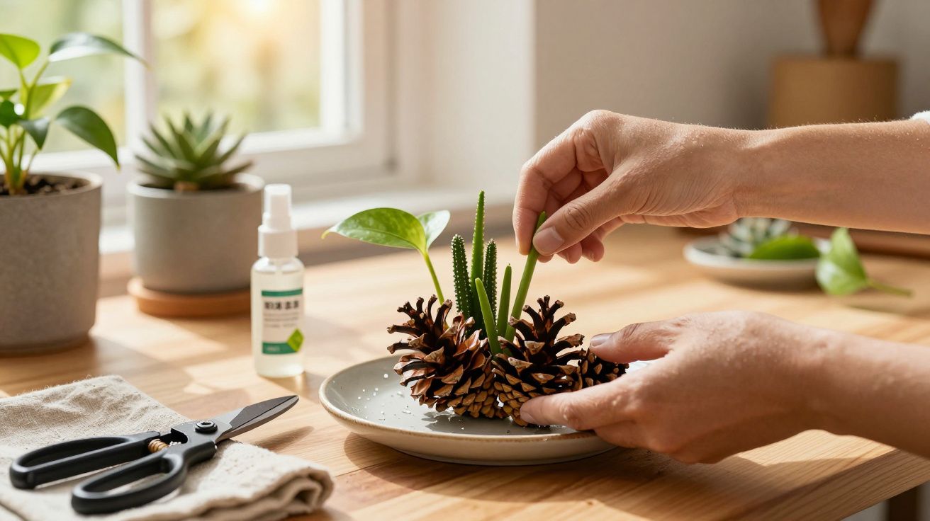 Mãos montando arranjo de plantas suculentas em pinhas sobre prato cinza em mesa de madeira.