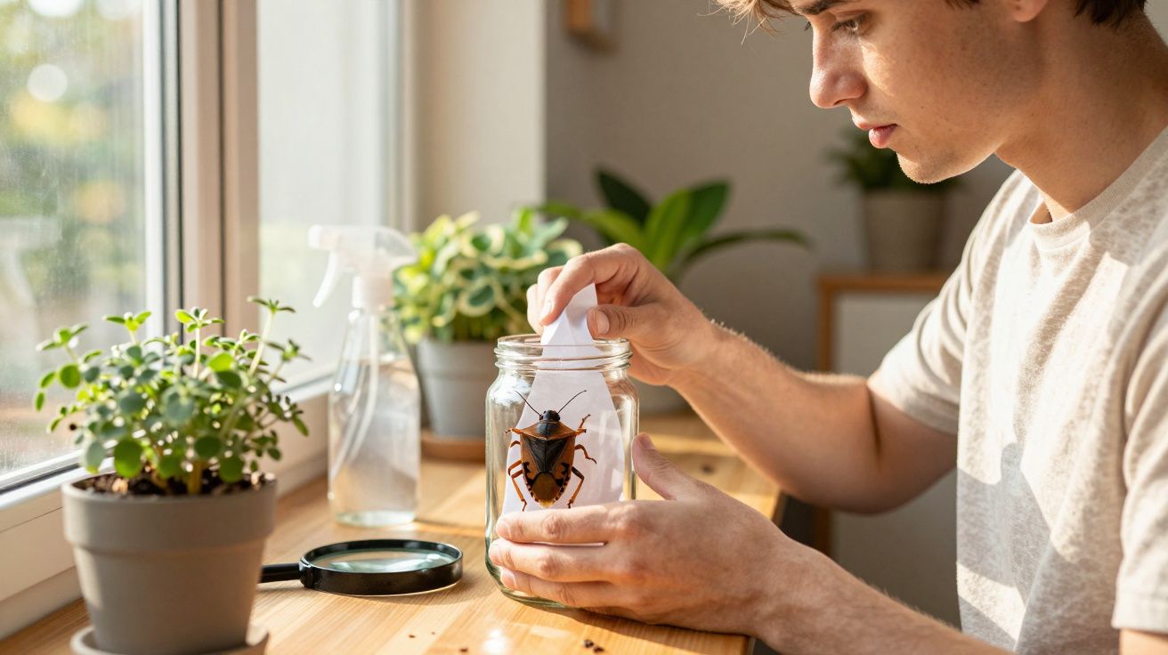 Jovem capturando um inseto grande em um pote de vidro sobre mesa com plantas e lupa.