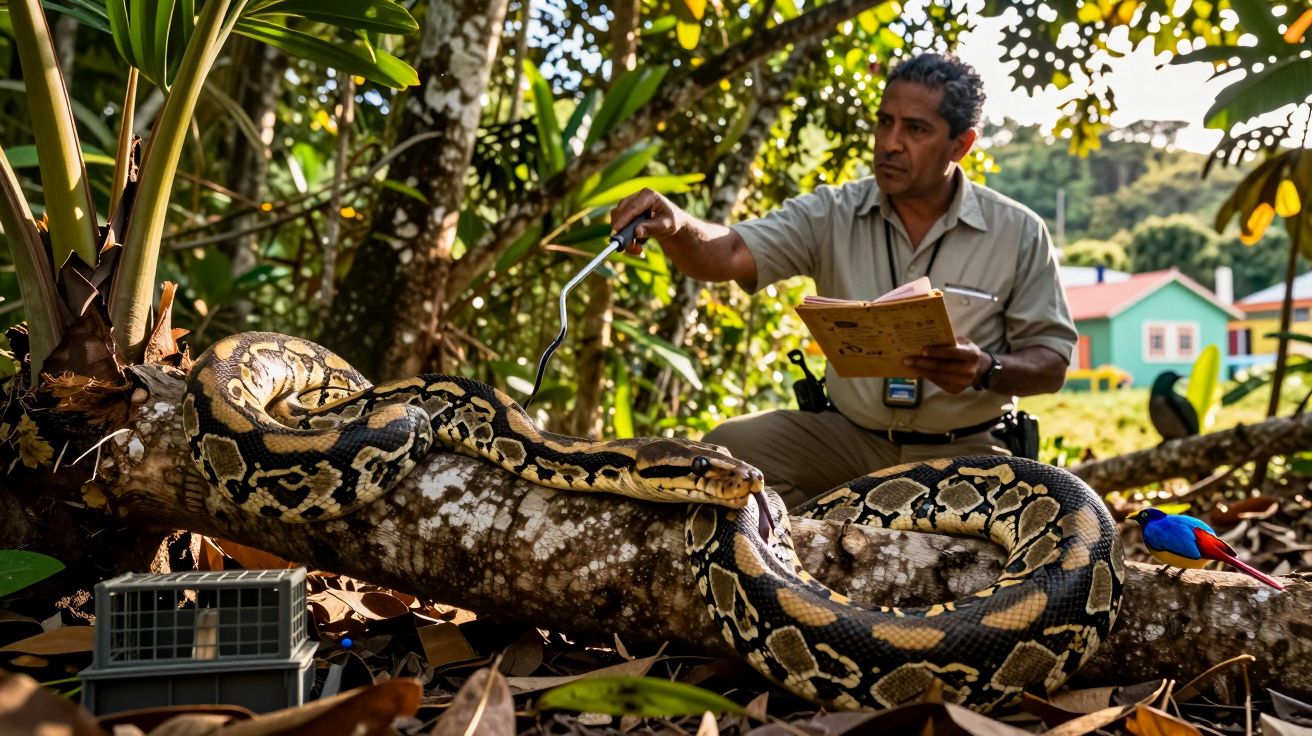 Homem observa e mede píton gigante enrolada em tronco em área de mata com casas ao fundo.