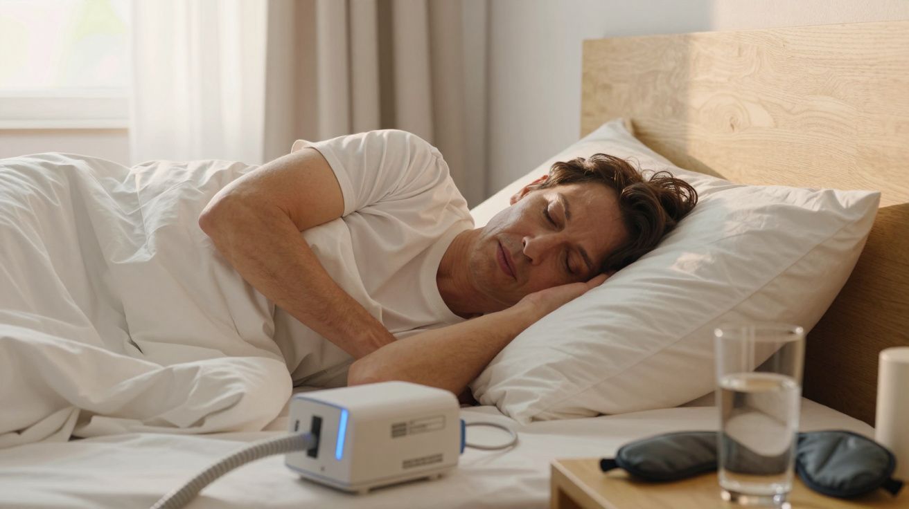 Homem adulto dormindo com aparelho CPAP em quarto claro, ao lado de copo d'água e máscara sobre criado-mudo.