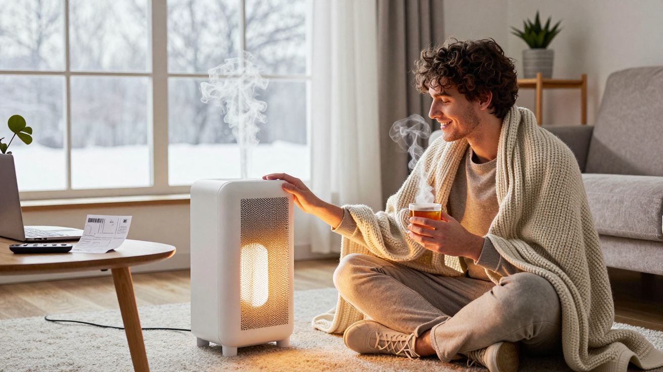 Homem sentado no chão com cobertor, segurando xícara e aquecendo a mão em aquecedor portátil ligado na sala.