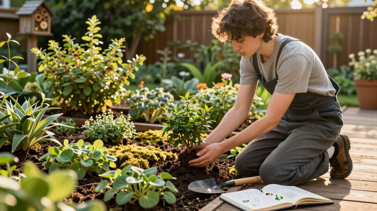 Pessoa jovem plantando muda em jardim, com pá e livro aberto ao lado, em ambiente ensolarado e arborizado.