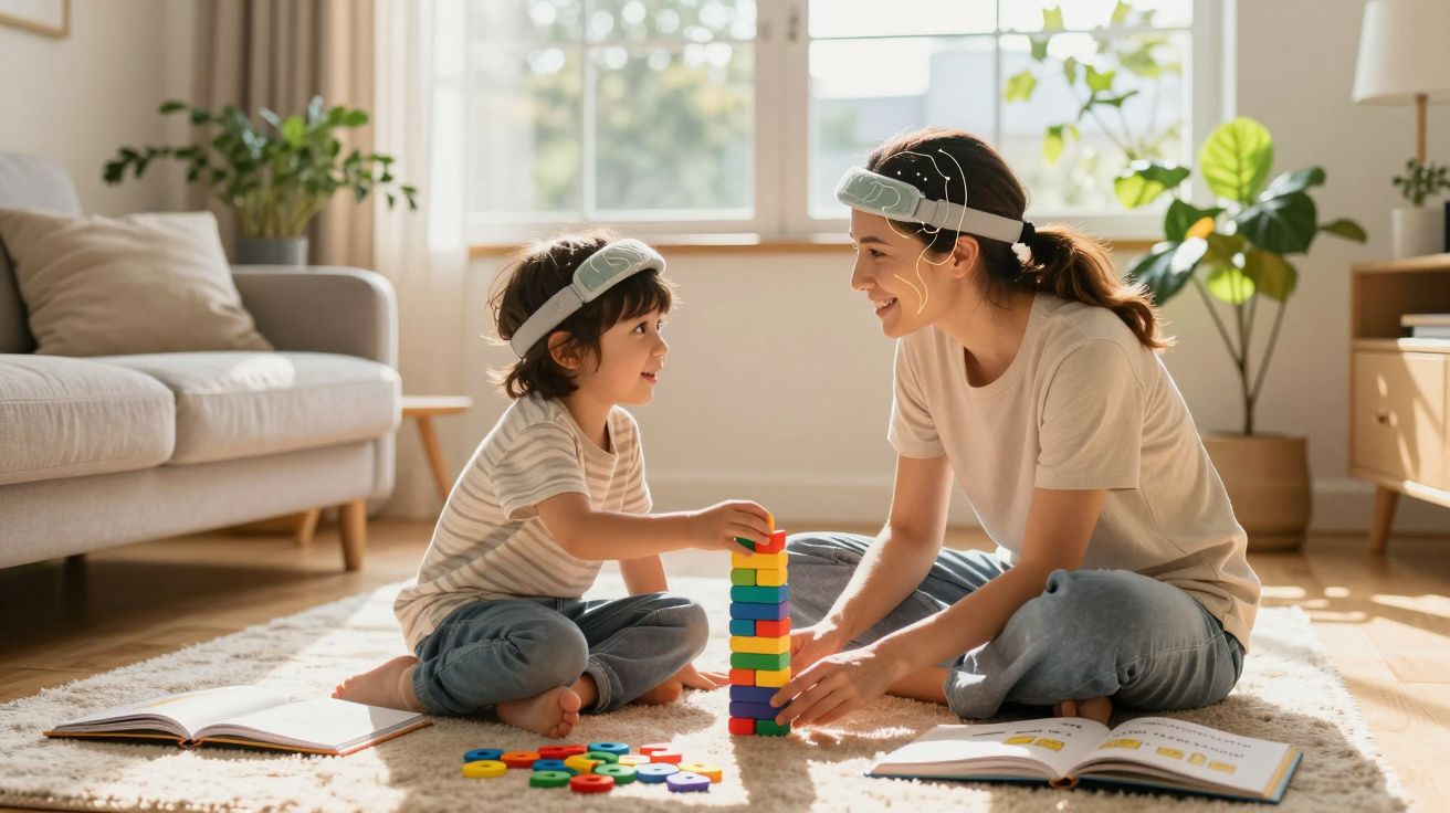 Criança e mulher sentadas no chão brincando com blocos coloridos em uma sala iluminada.