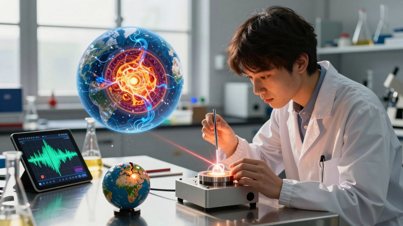 Cientista jovem em laboratório usando equipamento avançado para estudar núcleo terrestre com holograma do planeta Terra.