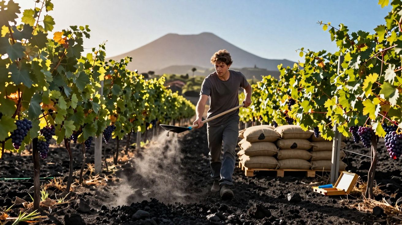 Homem trabalhando com pá em vinhedo ao amanhecer, com montanha ao fundo e sacos empilhados.