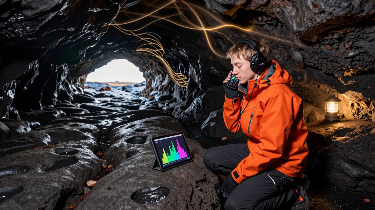 Pesquisador com jaqueta laranja em caverna rochosa usando rádio, fones e tablet com gráficos coloridos.