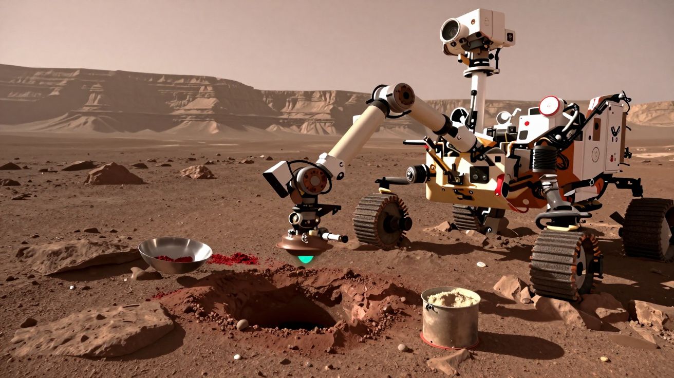 Rover exploratório perfurando solo marciano com terreno árido e montanhas ao fundo.