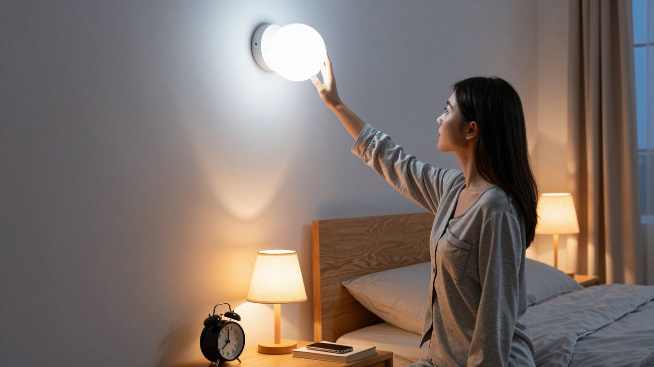 Mulher sentada na cama ajusta luminária redonda na parede de quarto à noite.