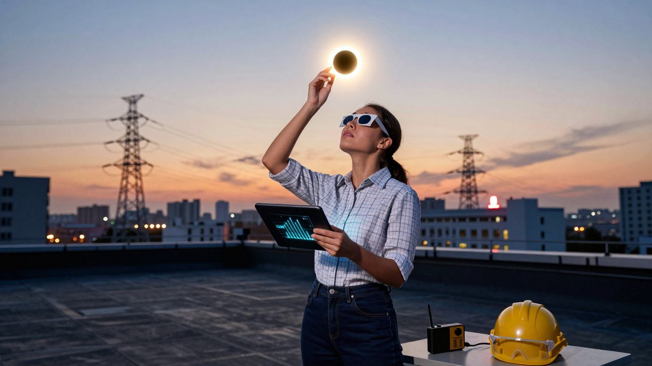 Mulher com óculos escuros segura tablet e simula eclipse solar em telhado ao pôr do sol, com capacete amarelo ao lado.