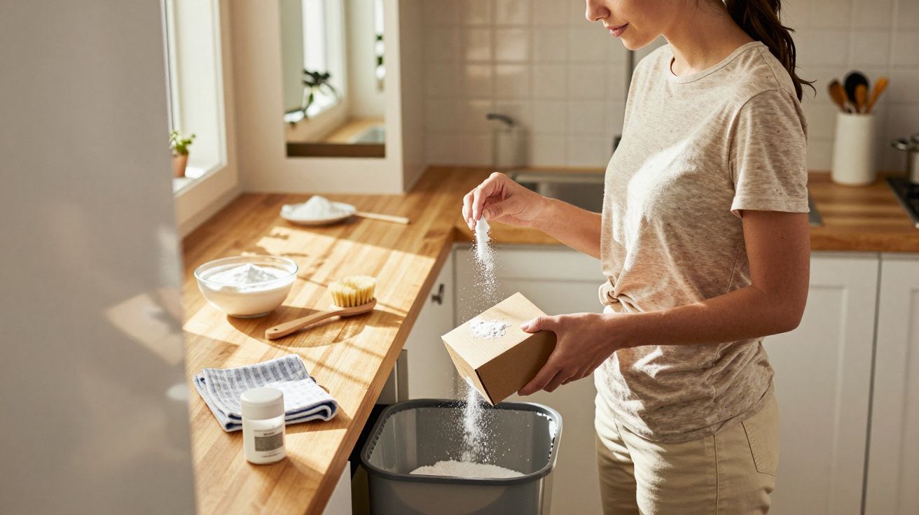 Mulher despejando pó de limpeza em caixa sobre lixeira na cozinha iluminada pelo sol.