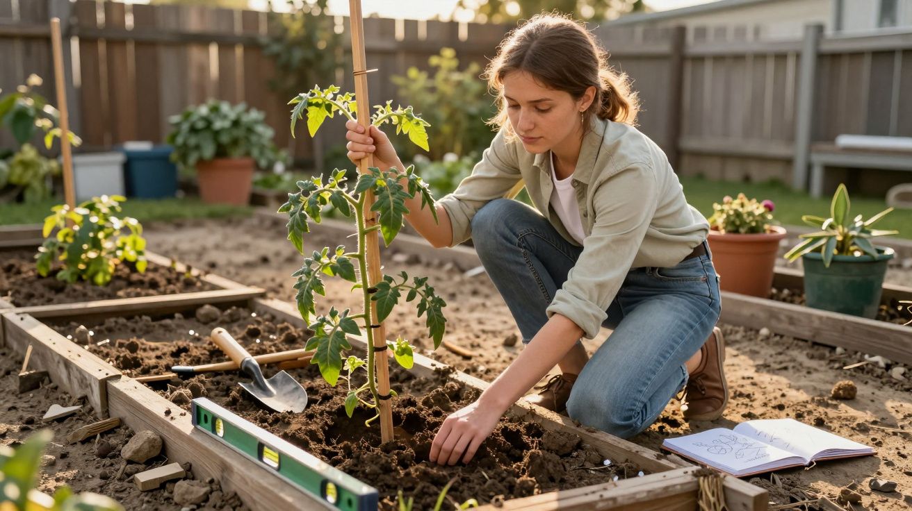 Mulher ajoelhada cuidando de muda de planta em canteiro com ferramentas e caderno ao lado.
