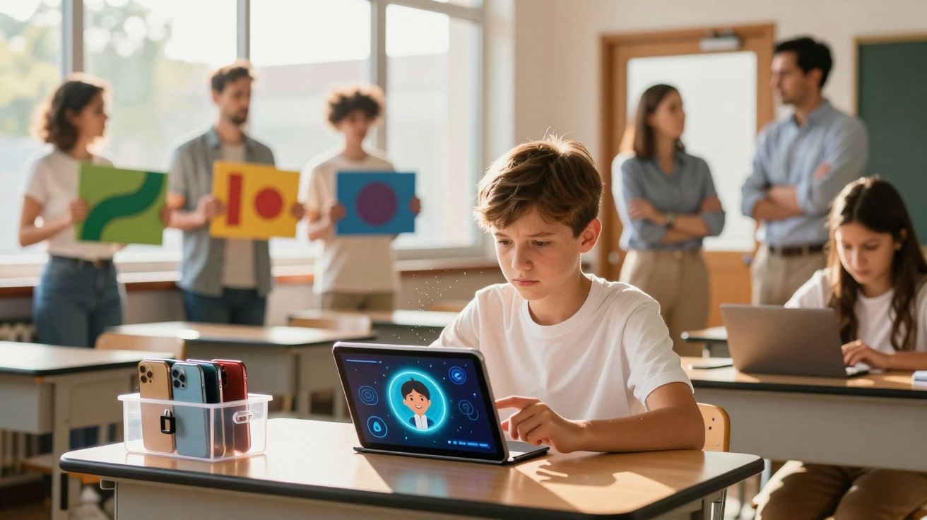 Criança usando tablet em sala de aula com colegas segurando cartazes e professores ao fundo.