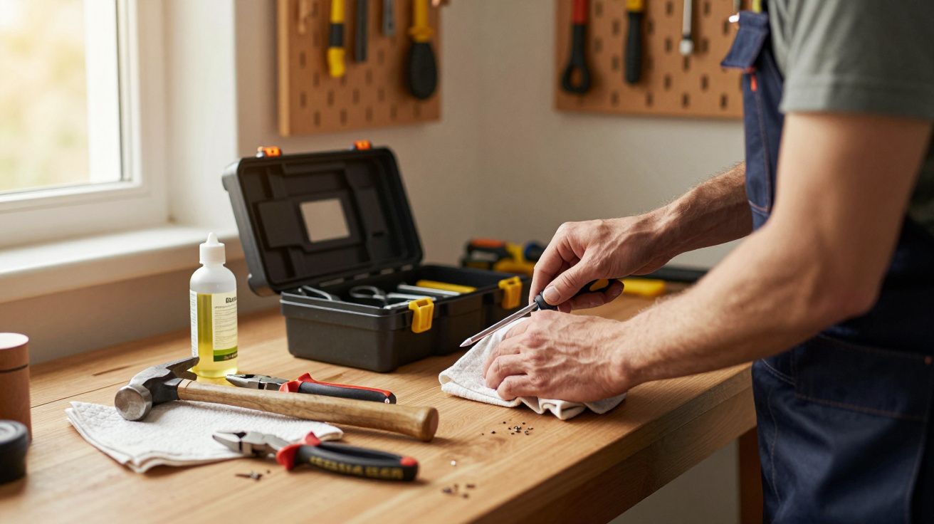 Pessoa usando chave de fenda para limpar ferramenta em bancada com várias ferramentas e caixa organizadora.