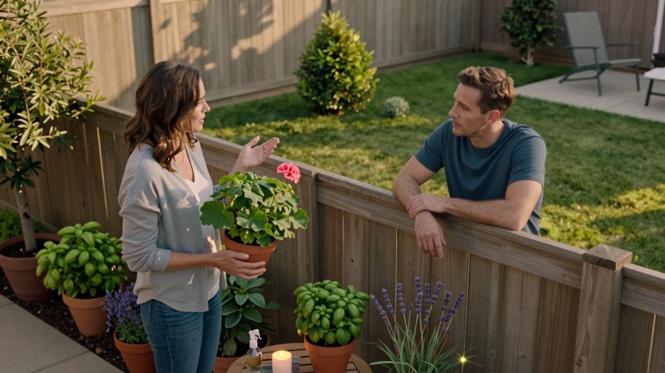 Mulher conversa com homem sobre plantas em pátios separados por cerca de madeira em dia ensolarado.