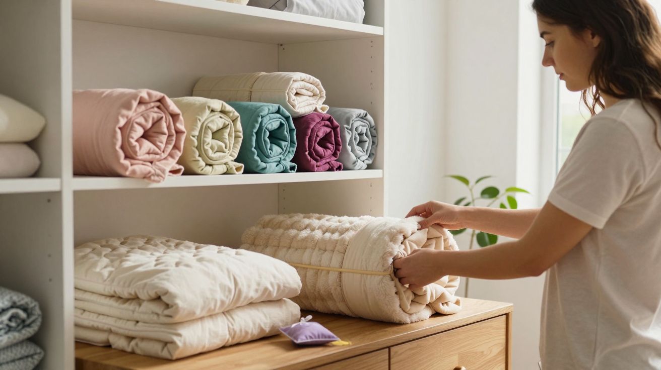 Mulher organizando mantas coloridas e dobradas em estante branca em ambiente iluminado.
