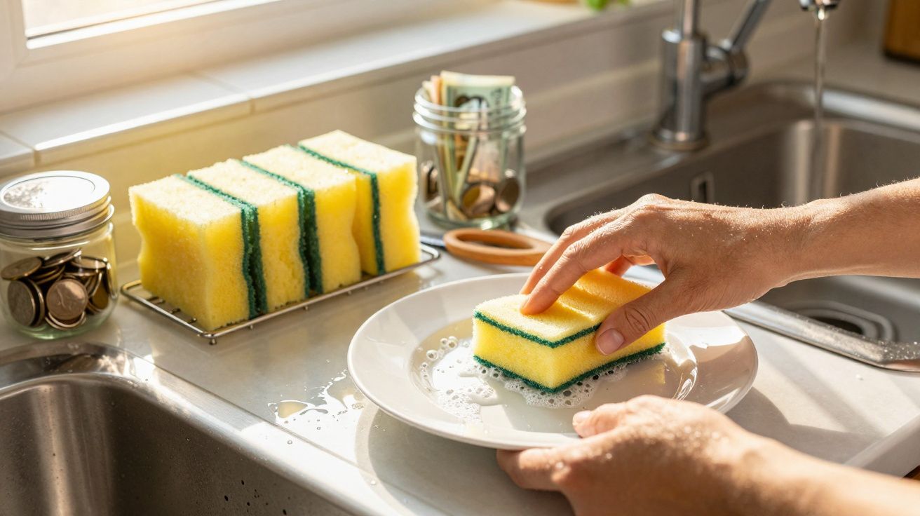 Mãos segurando uma esponja amarela para lavar prato branco com outras esponjas e frascos ao lado da pia.