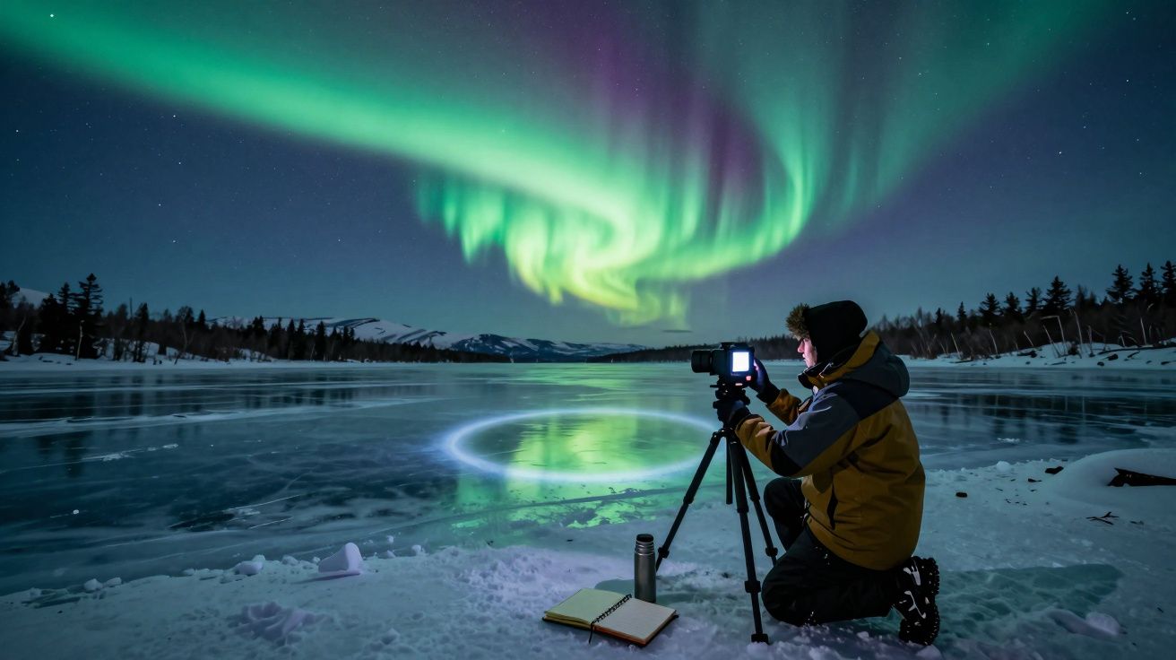 Fotógrafo com casaco amarelo registra aurora boreal sobre lago congelado rodeado por árvores e montanhas.