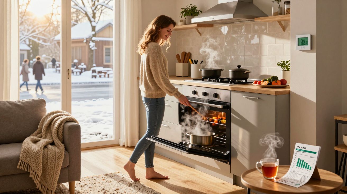Mulher cozinhando em forno elétrico em cozinha moderna, com neve do lado de fora e chá quente na mesa.