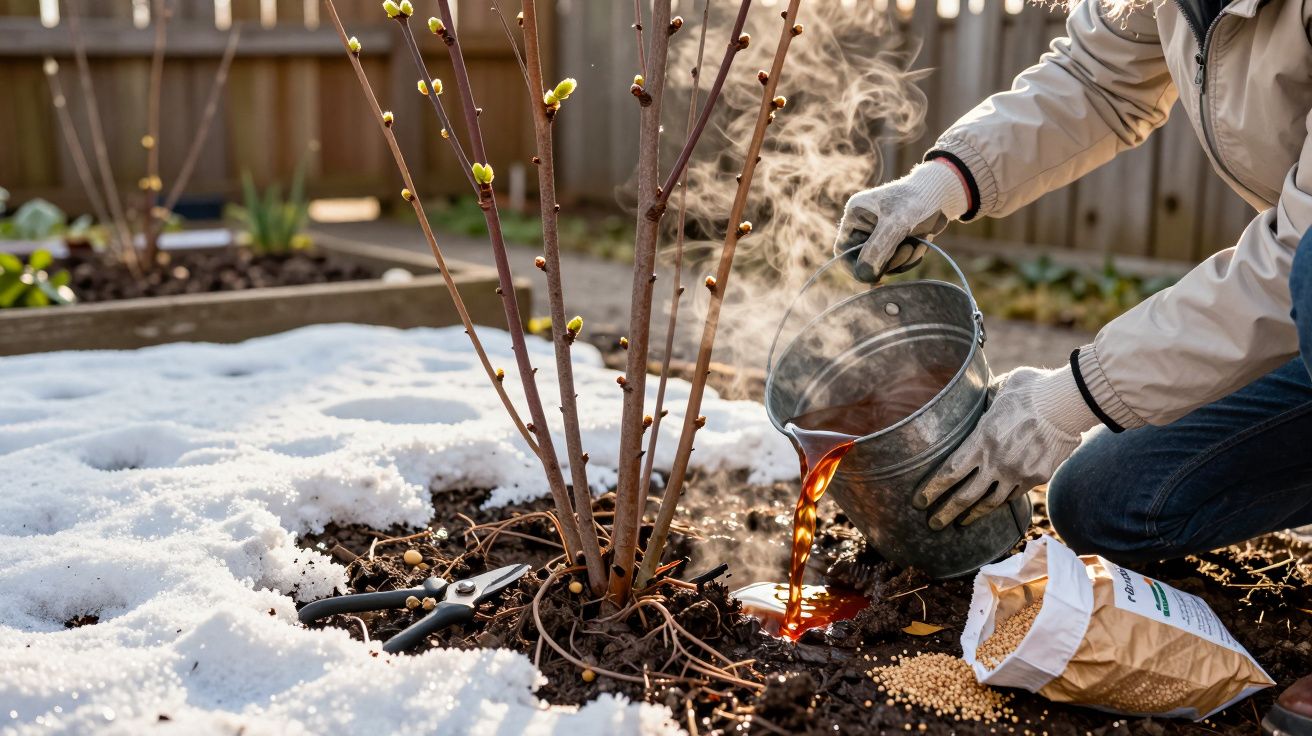 Pessoa regando planta com água quente em jardim coberto de neve na primavera, com luvas e regador de metal.