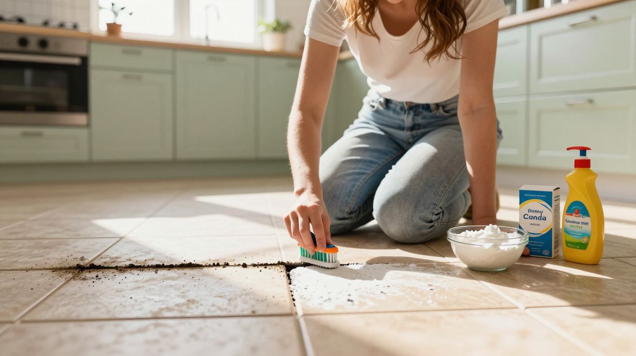 Pessoa limpando sujeira no rejunte do piso da cozinha com escova, bicarbonato e detergente.