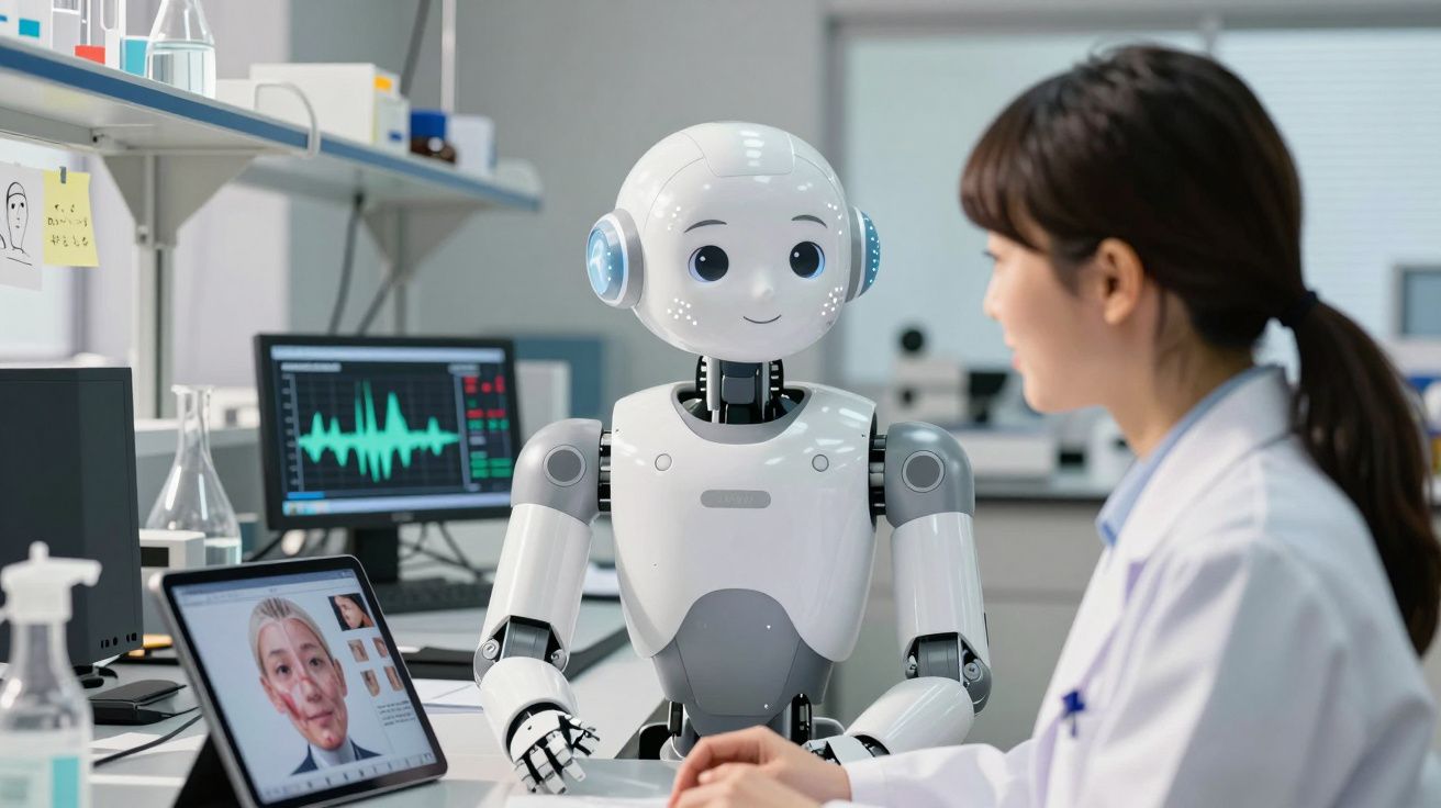 Robô humanoide em laboratório interagindo com cientista usando jaleco branco.