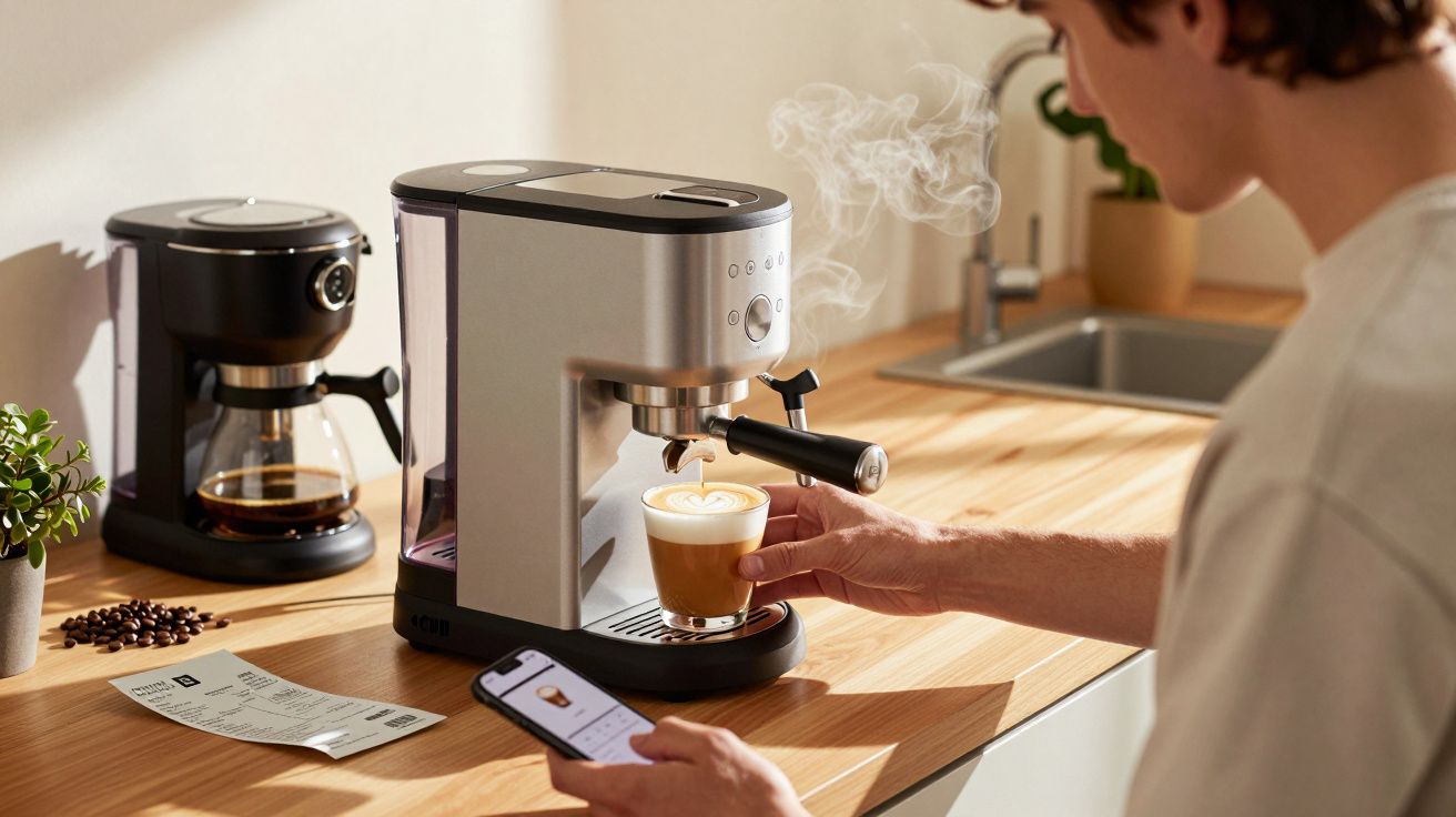 Pessoa segurando um copo de café fresco saindo de uma máquina de espresso em uma cozinha iluminada.