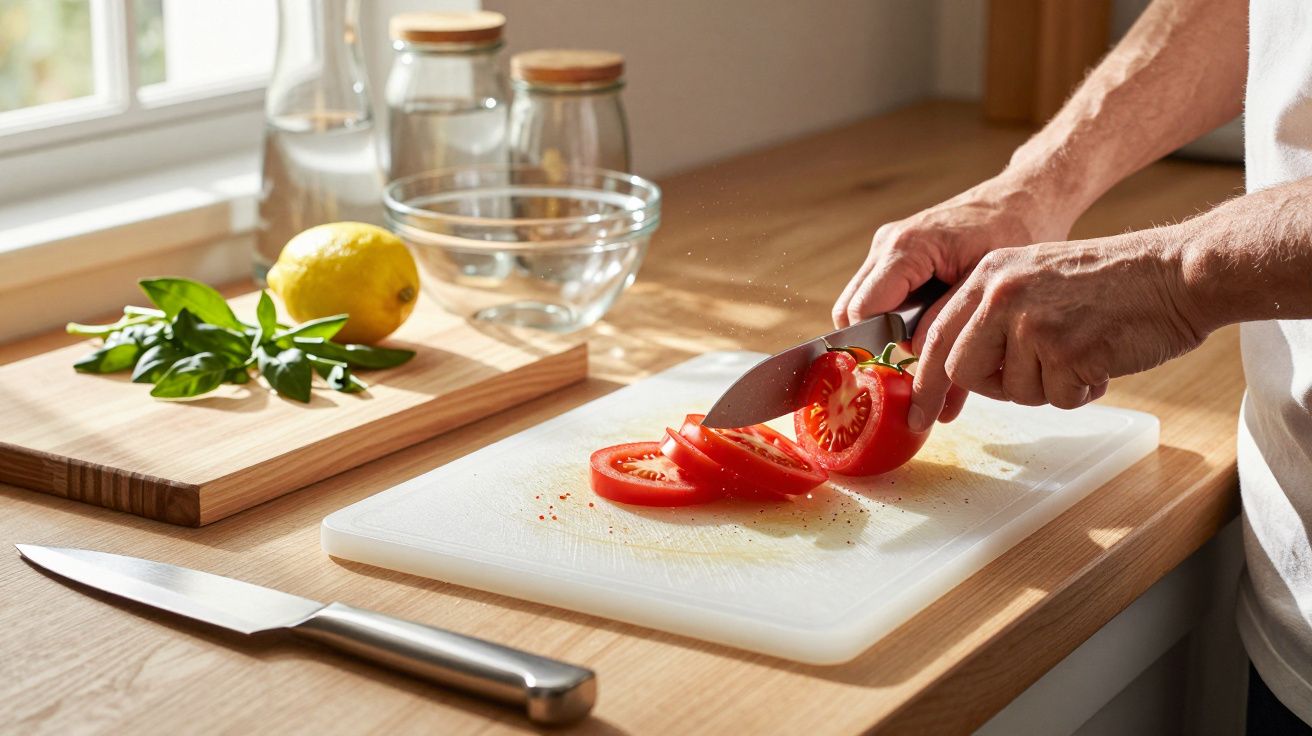 Pessoa fatiando tomate em tábua branca na cozinha com limão, manjericão e tigelas ao fundo.