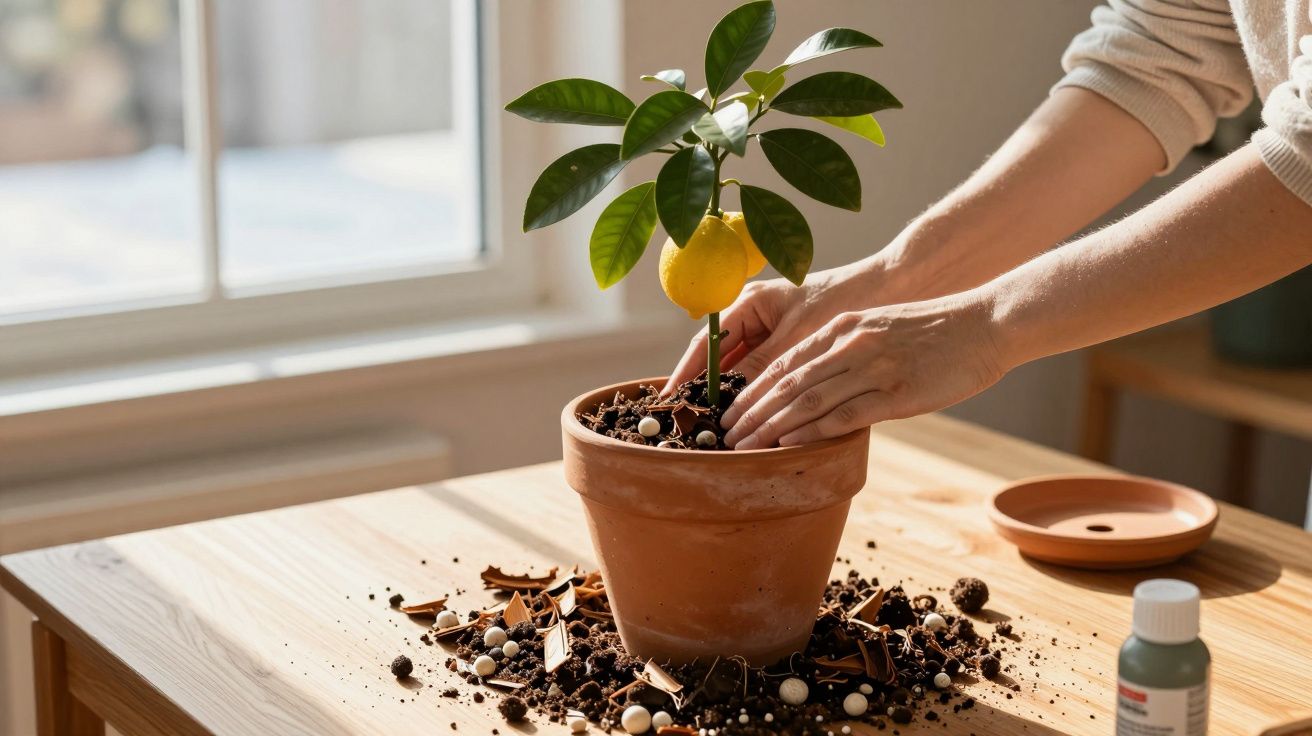 Pessoa cuidando de muda de limão em vaso de barro, com terra espalhada sobre a mesa de madeira.
