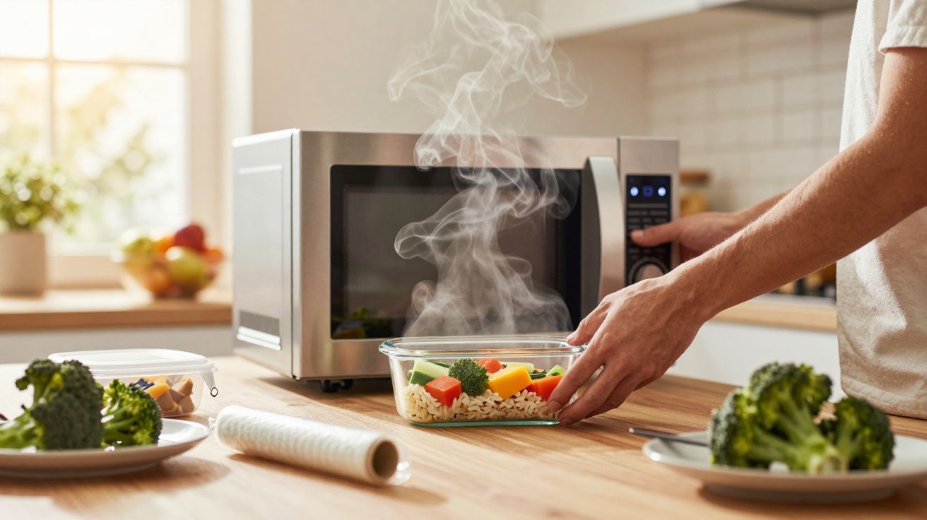 Pessoa retirando recipiente com arroz e legumes quentes do micro-ondas em cozinha iluminada.