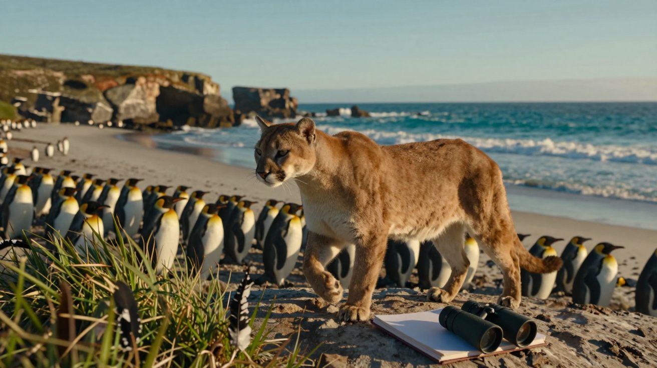 Onça-parda caminhando na praia próxima a uma colônia de pinguins com binóculos e caderno no chão.