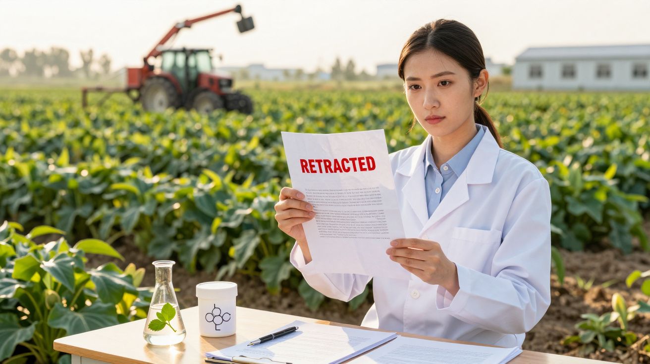 Mulher cientista em jaleco lendo documento com “RETRACTED” em campo agrícola ao fundo.
