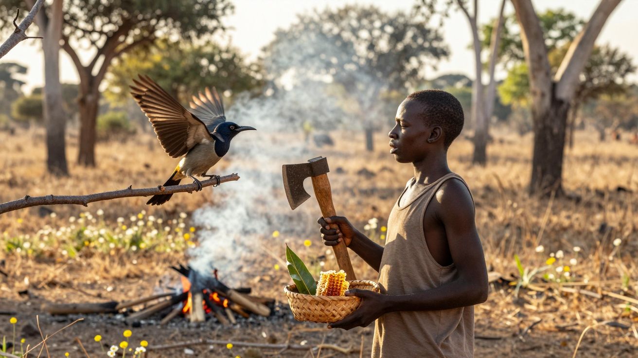 Menino com machado e cesta de milho observa pássaro em galho perto de fogueira em área seca com árvores.