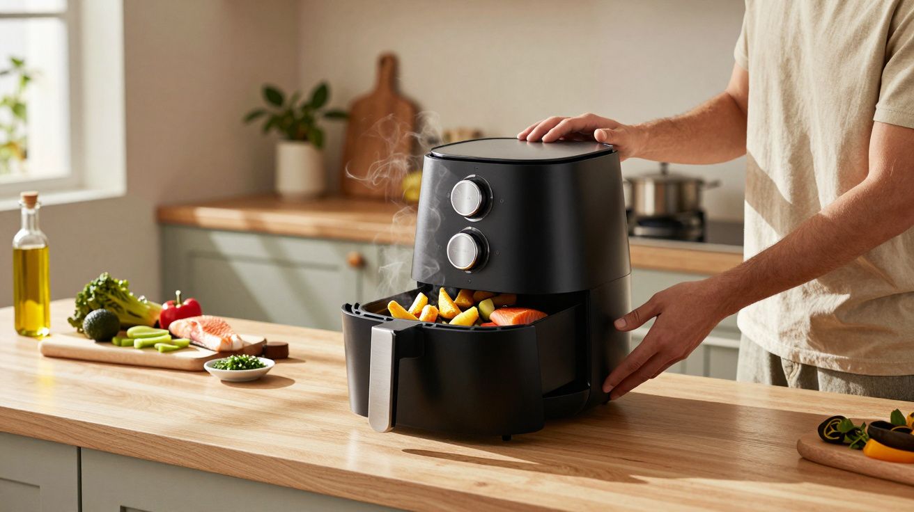 Pessoa usando fritadeira sem óleo preta para cozinhar legumes e batatas na cozinha moderna.