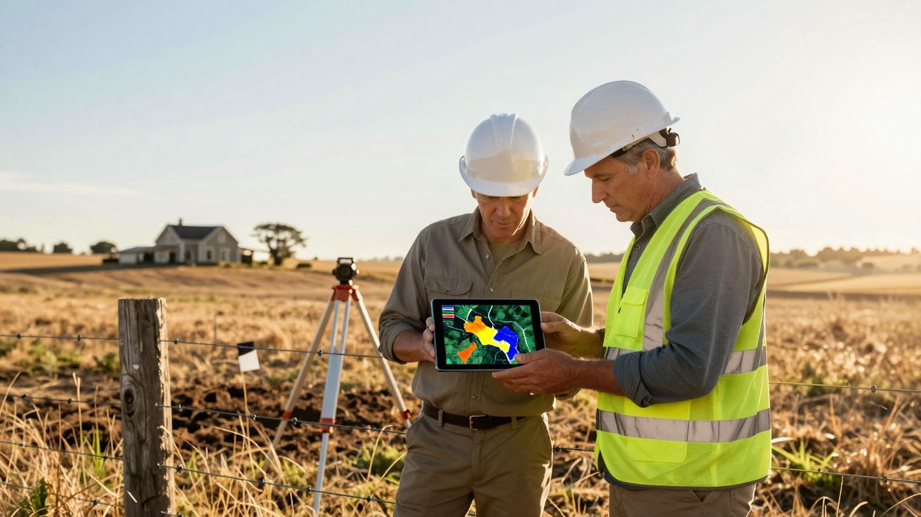 Dois engenheiros agrícolas com capacetes e colete verde analisam dados em tablet no campo aberto ao entardecer.